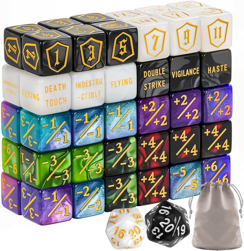Ravonixis 62 PCS MTG Dice Counters Set Keyword Tokens Abilities Life Counter 1/+1 counters Commander Buff Tokens Gold 6 Sided Dice Set for MTG, TCG, Card Games - Image 1